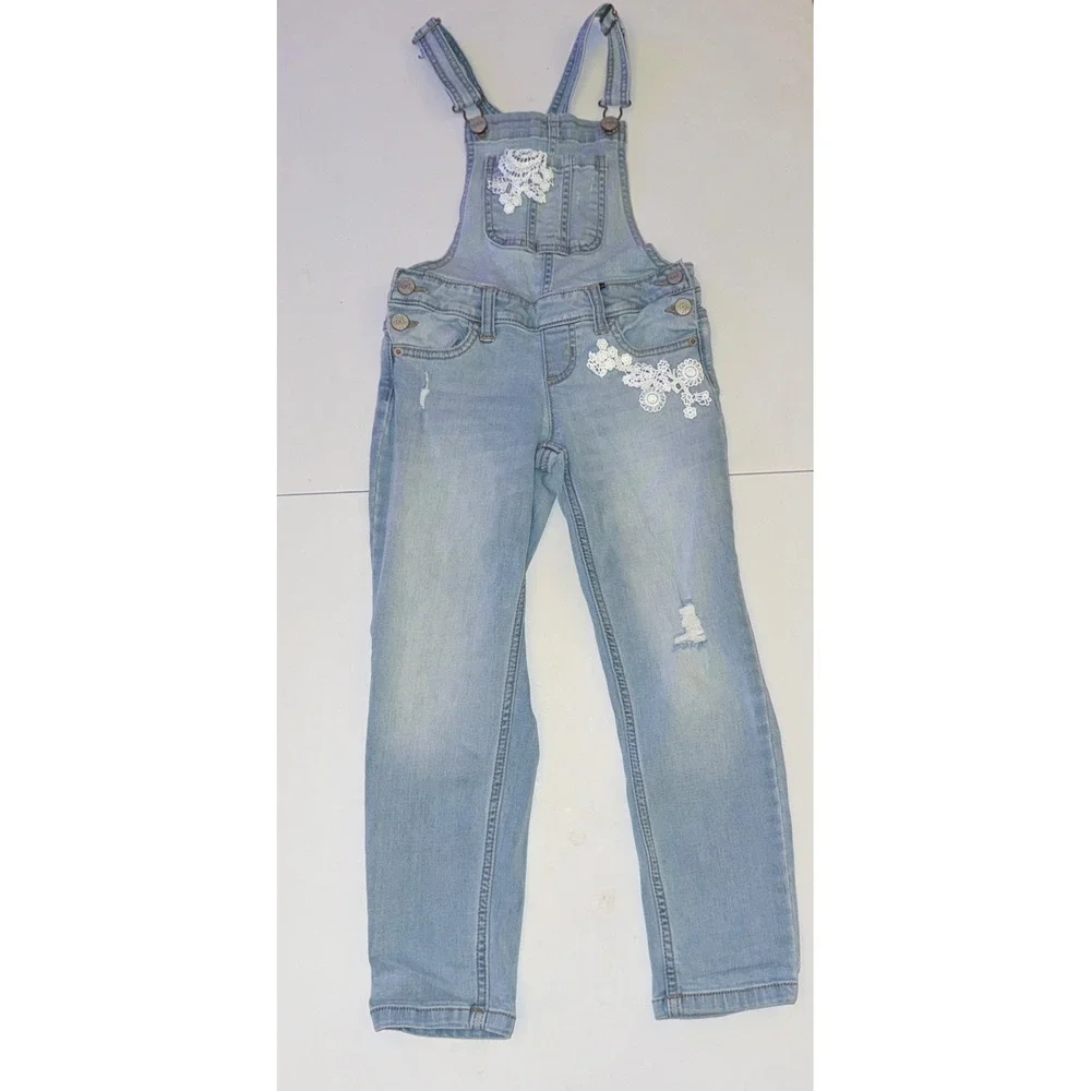 Justice Overalls Girls Size 7 Light Blue Denim Lace Floral Distressed Stretch